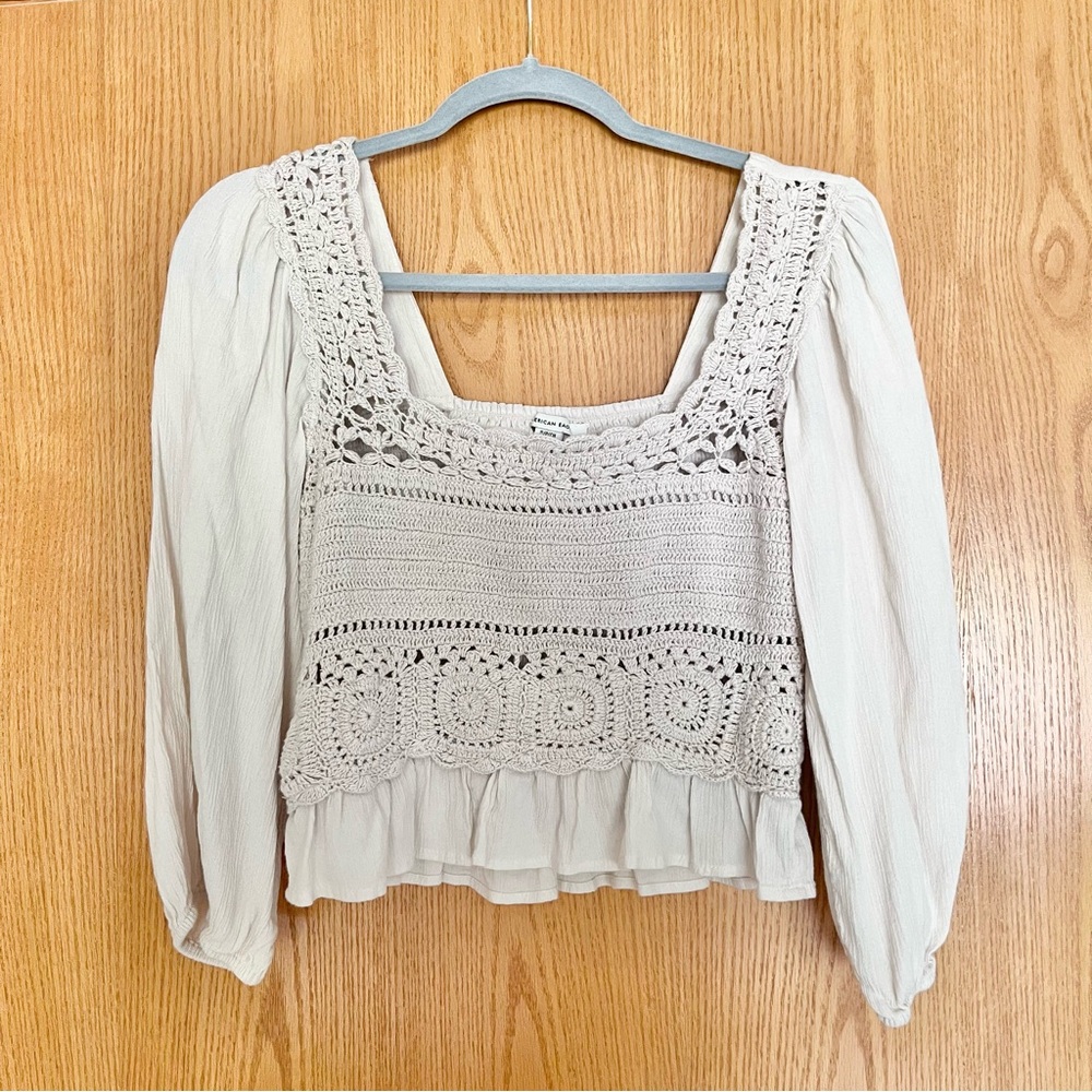 American Eagle Crochet Puffed Sleeve Cream Top Cottagecore S